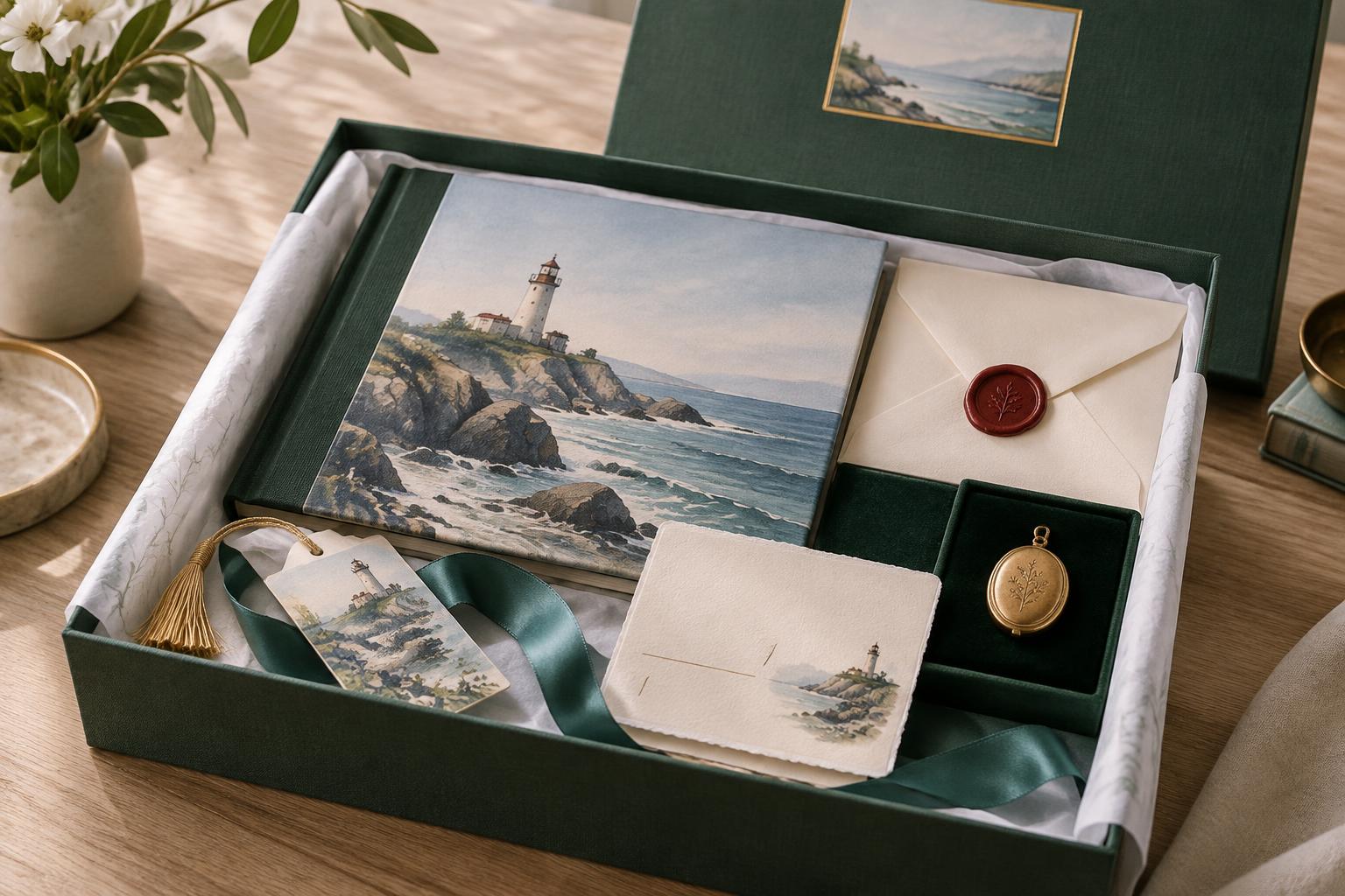 a green linen box with its lid lifted, and a hardcover book, tissue, wax-sealed letter, keepsake tray with a locket, ribbon, bookmark and certificate floating between.