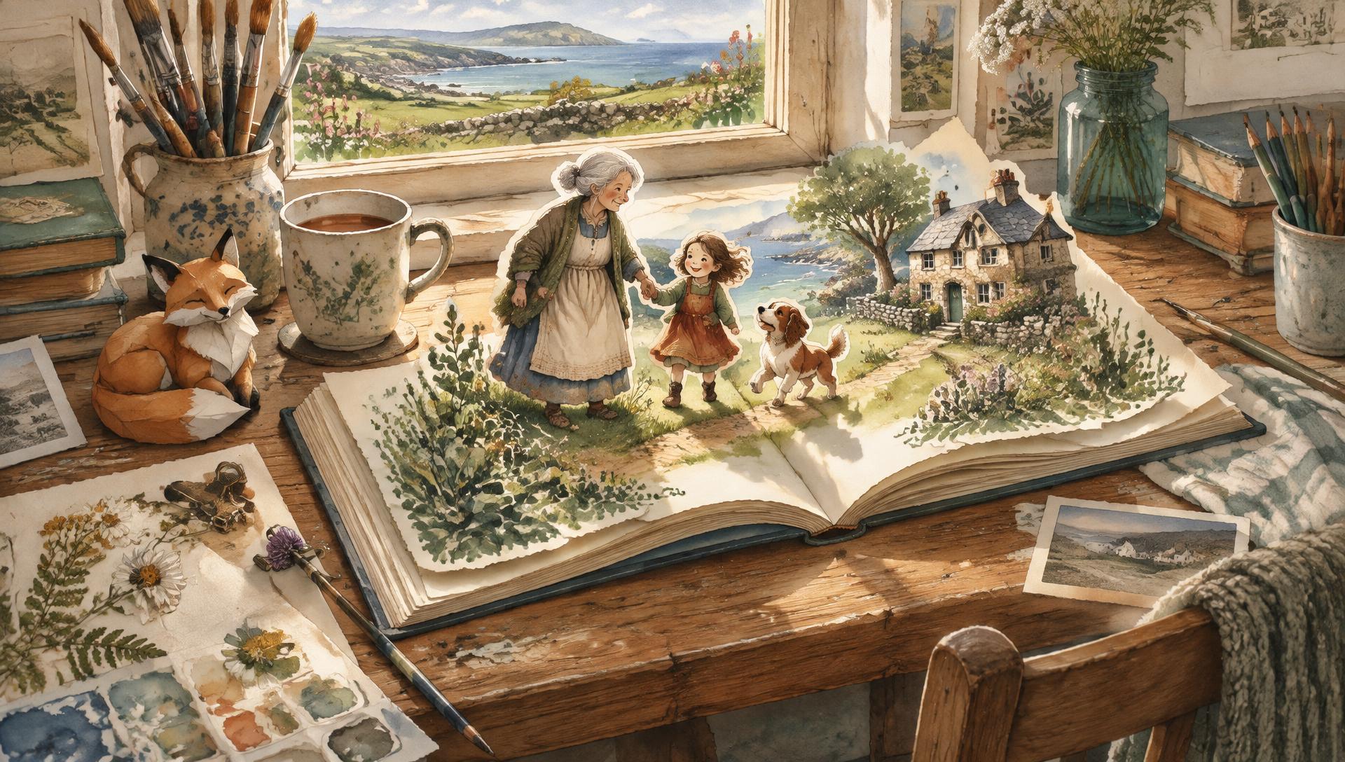 A painted studio table: an open storybook where a grandmother, a little girl and a dog step out of the pages towards a stone cottage, beside tea, brushes and a paper fox.