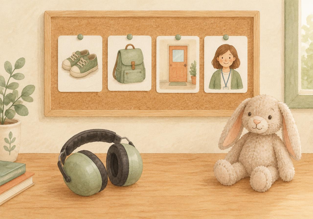 Four picture cards pinned in a row beside ear defenders and a soft toy rabbit.