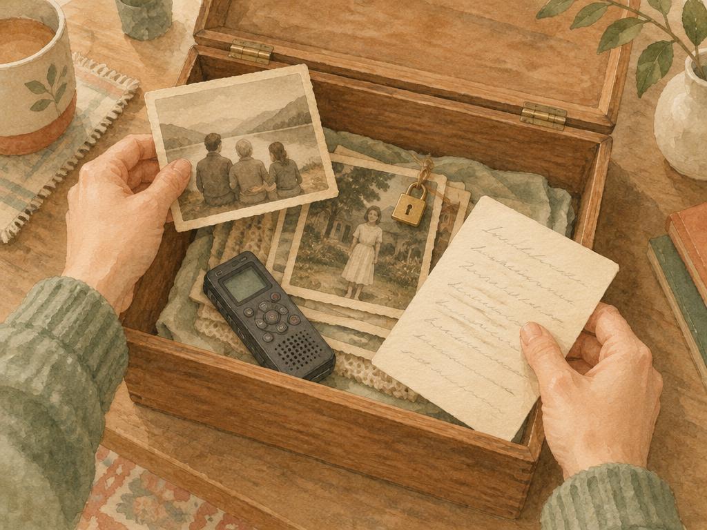 Hands placing old photographs, a voice recorder and a note into a wooden box; one photo has a small padlock tag.
