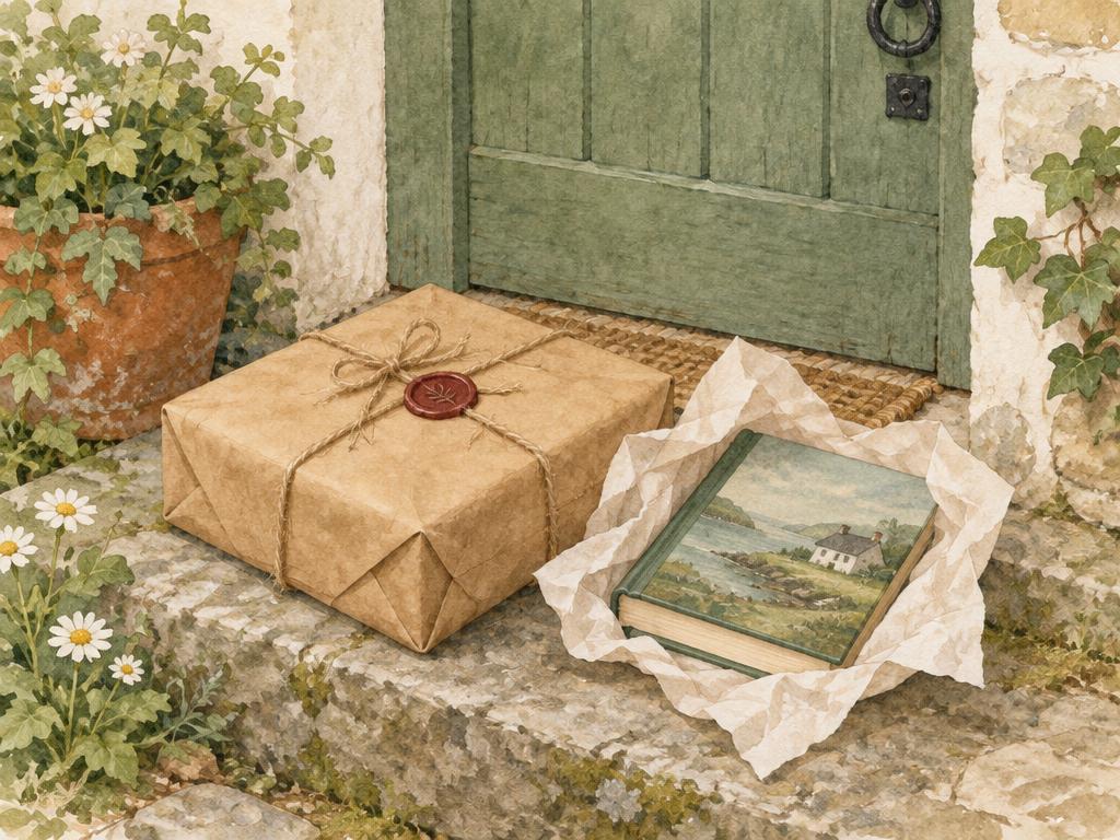 A parcel tied with twine and a wax seal on a cottage doorstep, a storybook resting in tissue paper beside it.
