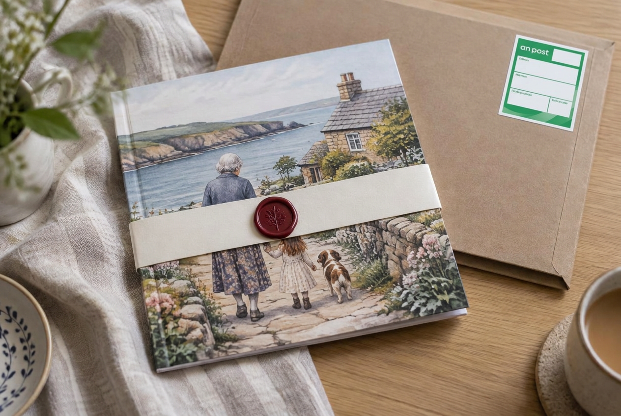 a kraft mailer with a softcover storybook sliding out, wrapped in a paper band with a wax seal.